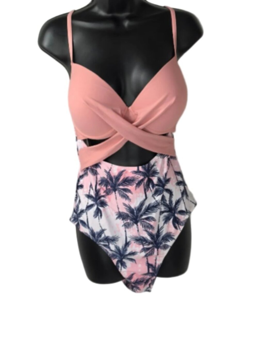 Pink Palm Tree One Piece Swimsuit XL Crisscross Front Tropical Print Adjustable